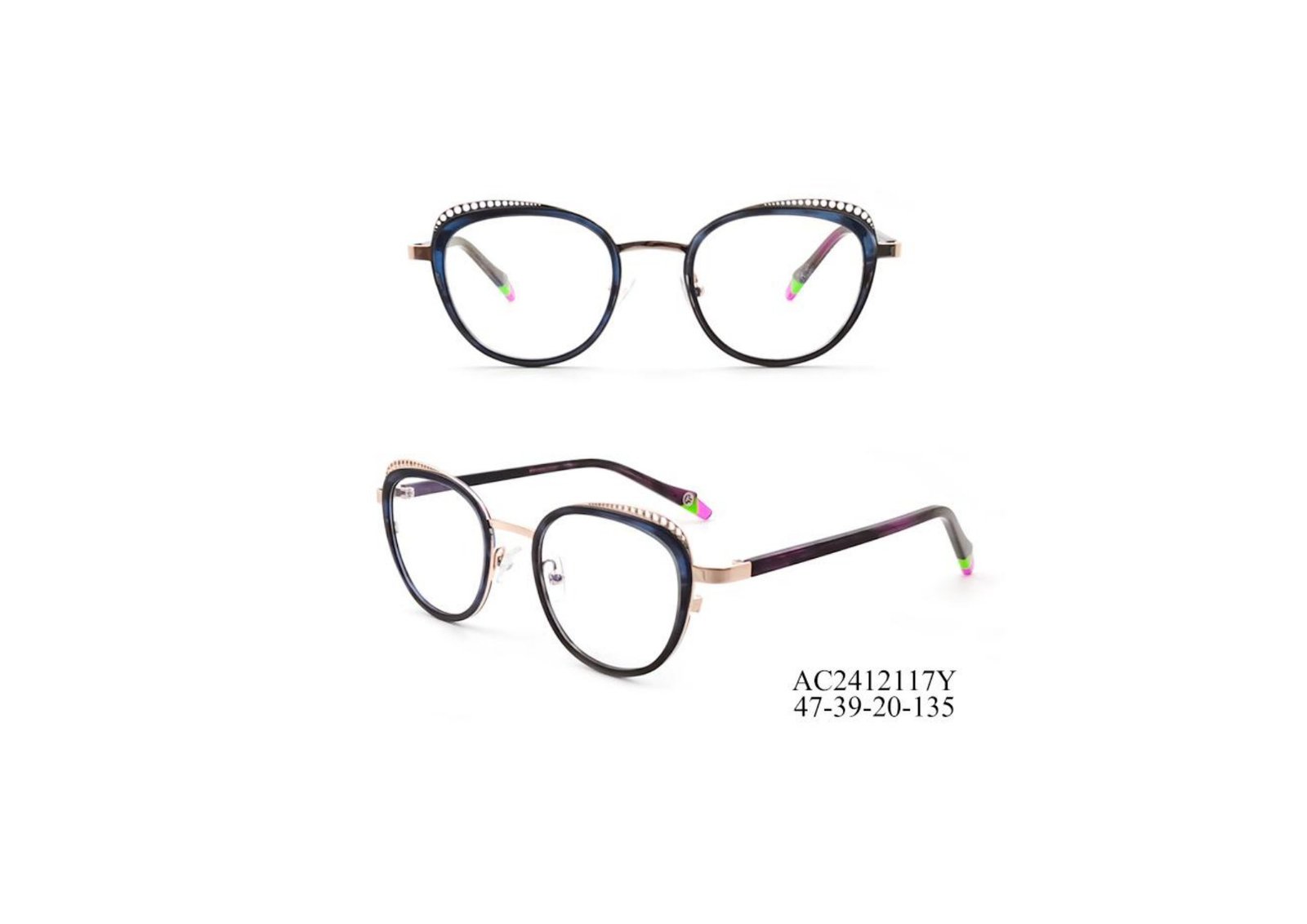 Luxury Collection lady's navy round acetate frame with rhinestone brow AC2412117Y